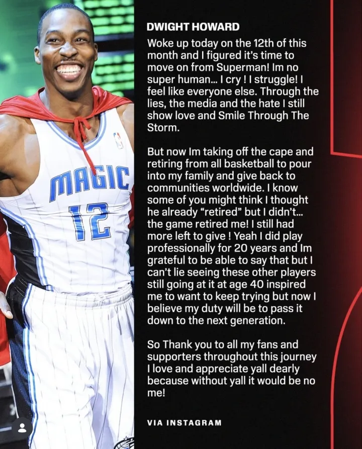 超人卸甲：德怀特·霍华德正式挥别20载篮球生涯，未来将开启全球“D12日”回馈之旅