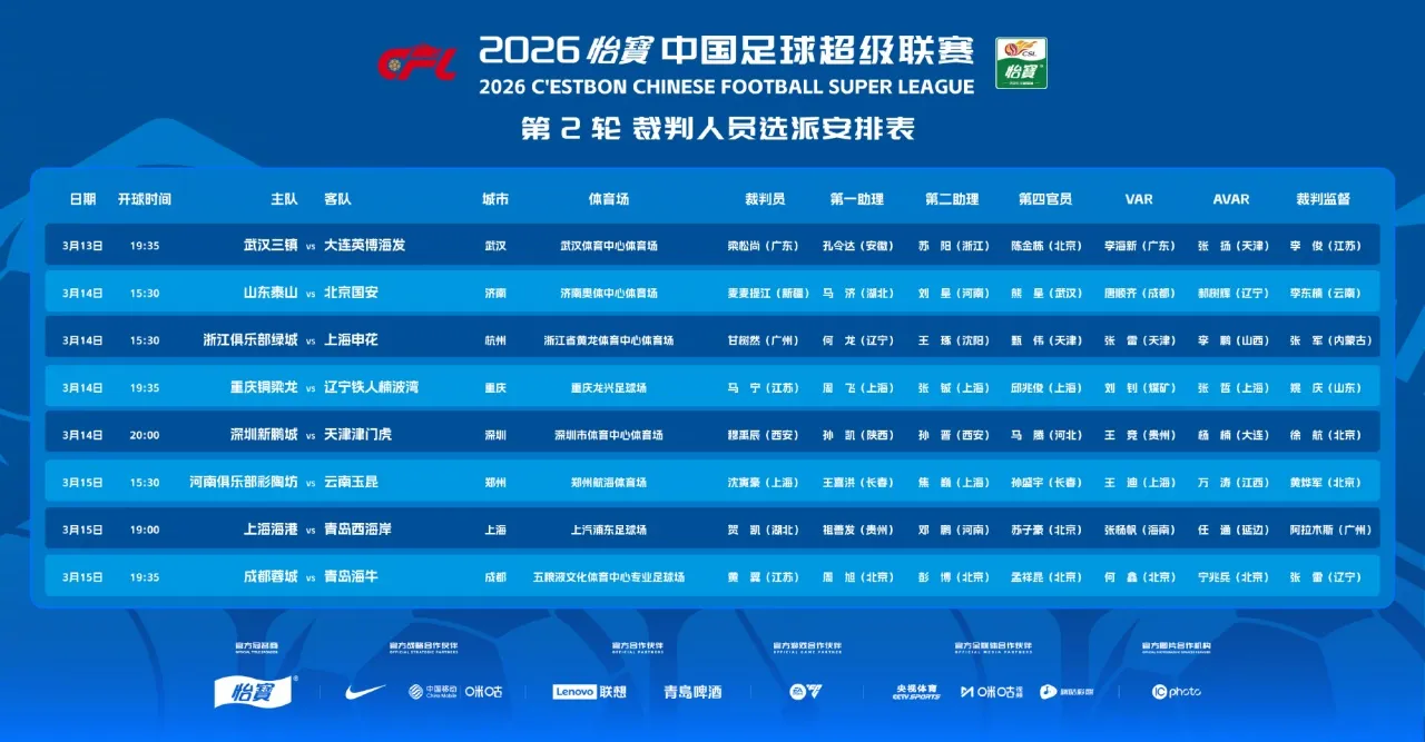 裁判天团就位！麦麦提江执掌京鲁大战，马宁领衔升班马对决