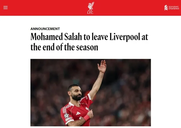 利物浦官方确认萨拉赫赛季末离队 九年红军生涯告终