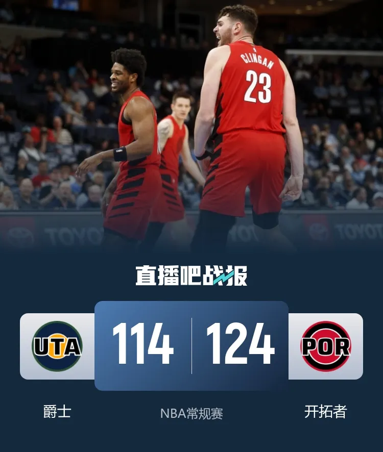 开拓者三叉戟合砍71分主场逆转爵士 克林根21+15+6帽统治禁区