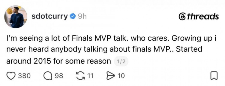 赛斯·库里：2015年前没人讨论FMVP 伊戈达拉获奖成转折点